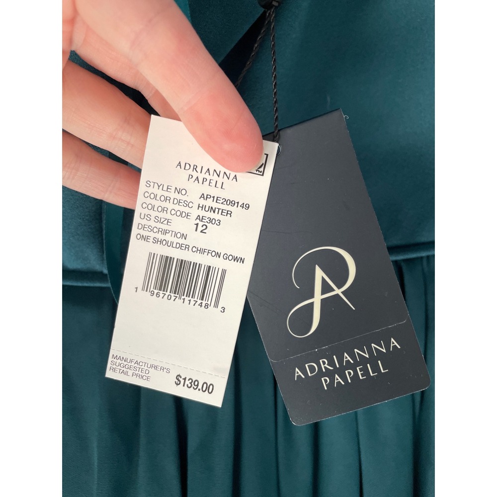 Adrianna Papell Womens One Shoulder Chiffon Gown Dress, Hunter, 12 US - Picture 4 of 6